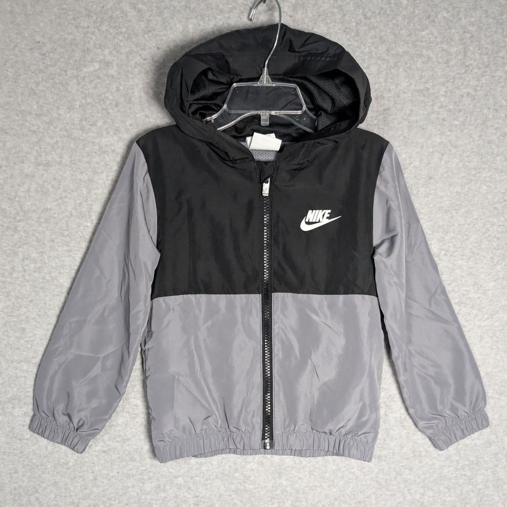 Nike Windbreaker Jacket Boys 3T Gray Black Colorblock Hooded Dri-Fit Athleisure
